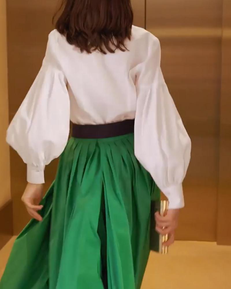 Lantern Sleeve Shirt Pleated Dress Set