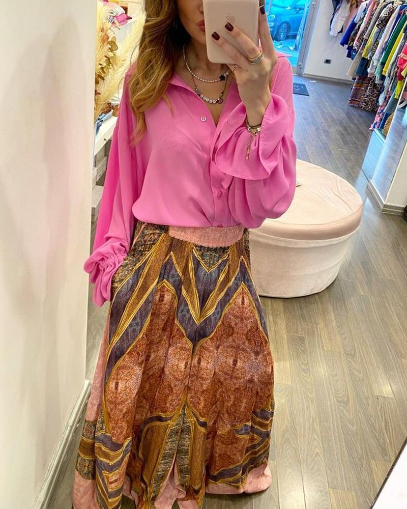 Solid Color Shirt Printed Dress Set