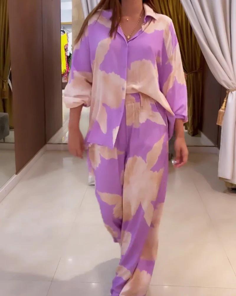 Stylish Printed Lapel Long Sleeve Shirt & Pants Set