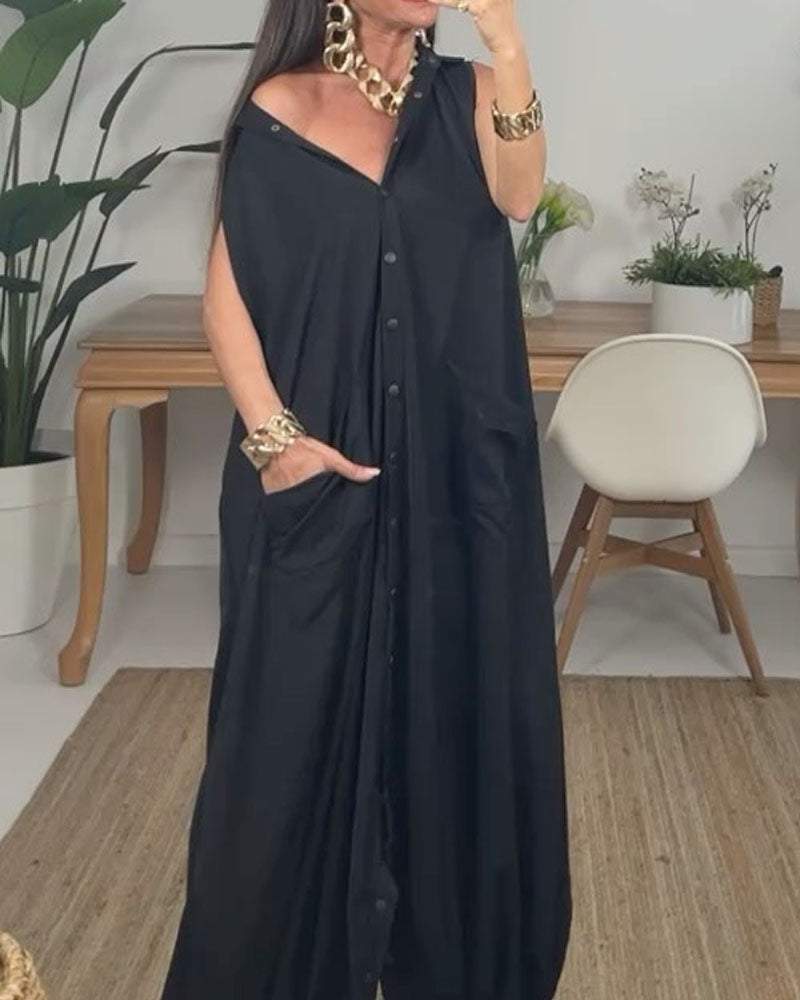 Two-Way Lapel Sleeveless Dress/Jumpsuit