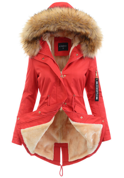 Women's Parka Fleece Lined Puffer Jacket with Fur Collar Hood Drawstring