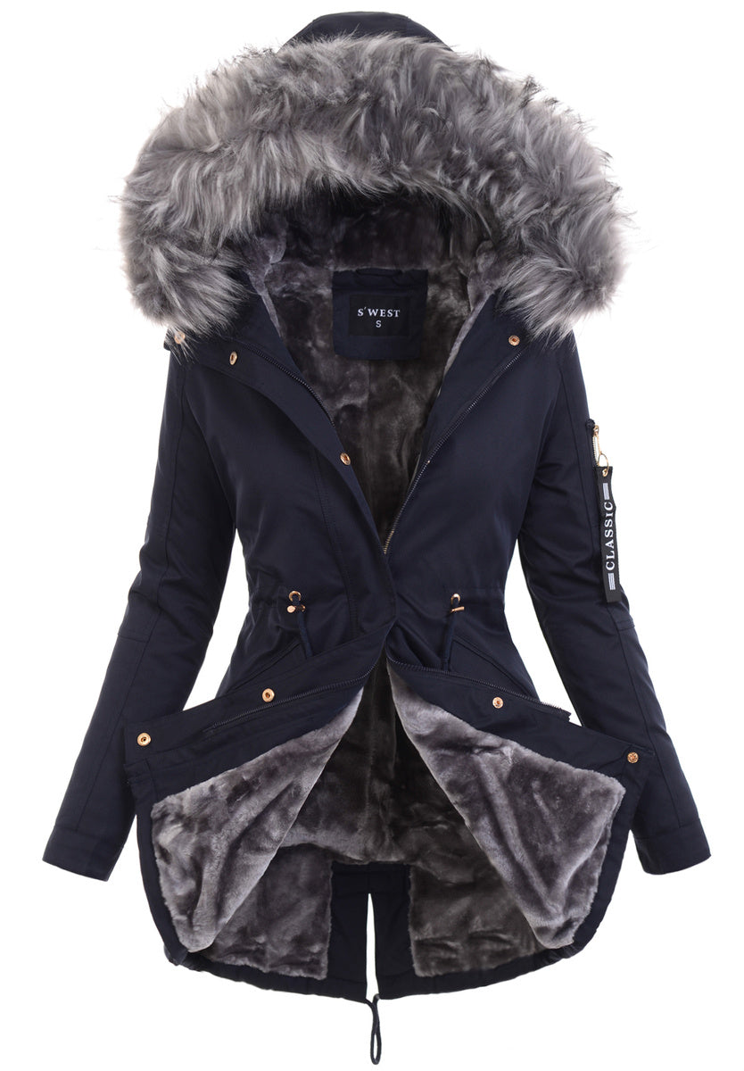 Women's Parka Fleece Lined Puffer Jacket with Fur Collar Hood Drawstring