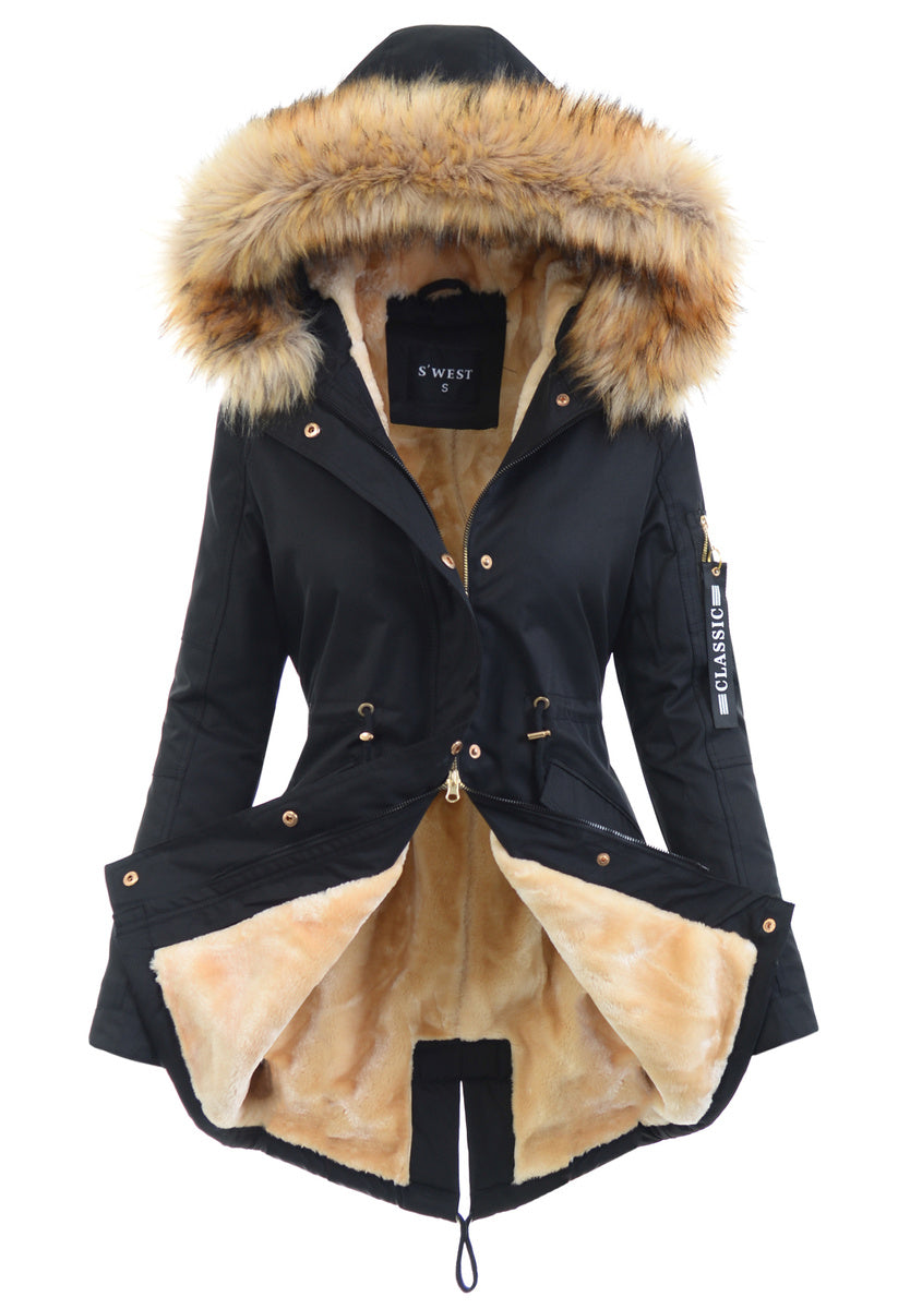 Women's Parka Fleece Lined Puffer Jacket with Fur Collar Hood Drawstring