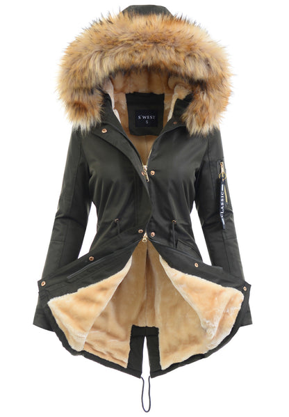 Women's Parka Fleece Lined Puffer Jacket with Fur Collar Hood Drawstring