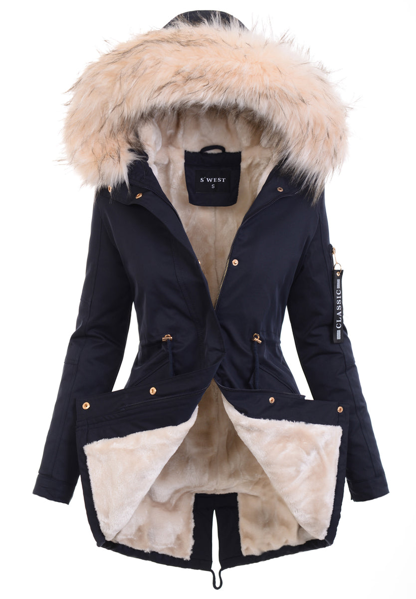 Women's Parka Fleece Lined Puffer Jacket with Fur Collar Hood Drawstring