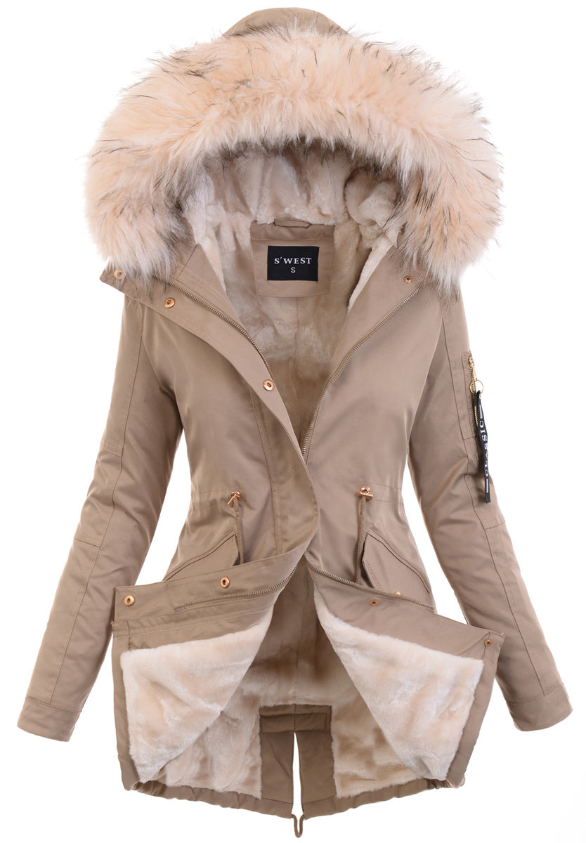 Women's Parka Fleece Lined Puffer Jacket with Fur Collar Hood Drawstring