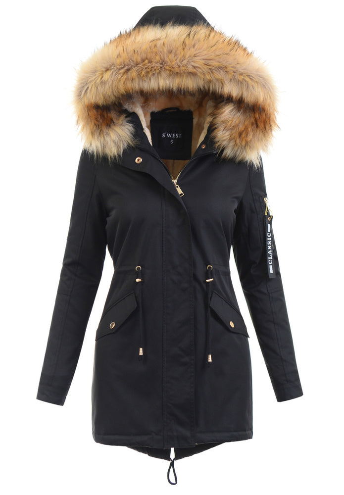 Women's Parka Fleece Lined Puffer Jacket with Fur Collar Hood Drawstring