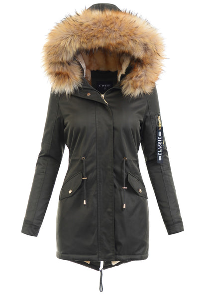 Women's Parka Fleece Lined Puffer Jacket with Fur Collar Hood Drawstring