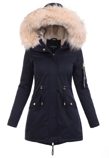 Women's Parka Fleece Lined Puffer Jacket with Fur Collar Hood Drawstring