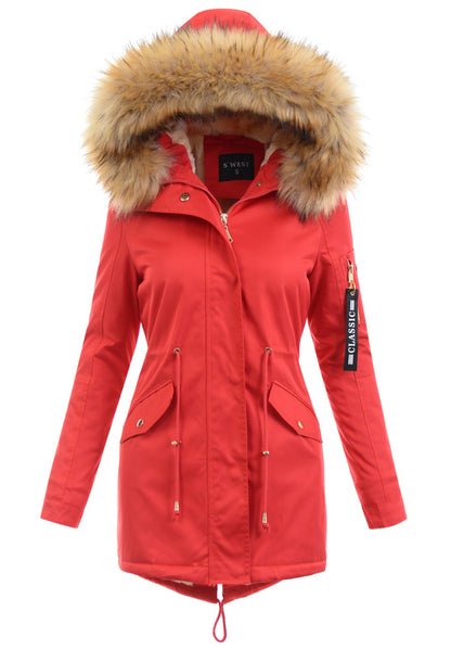 Women's Parka Fleece Lined Puffer Jacket with Fur Collar Hood Drawstring