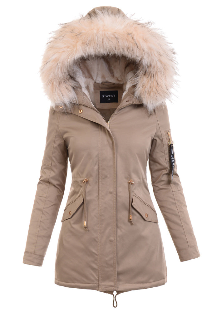 Women's Parka Fleece Lined Puffer Jacket with Fur Collar Hood Drawstring