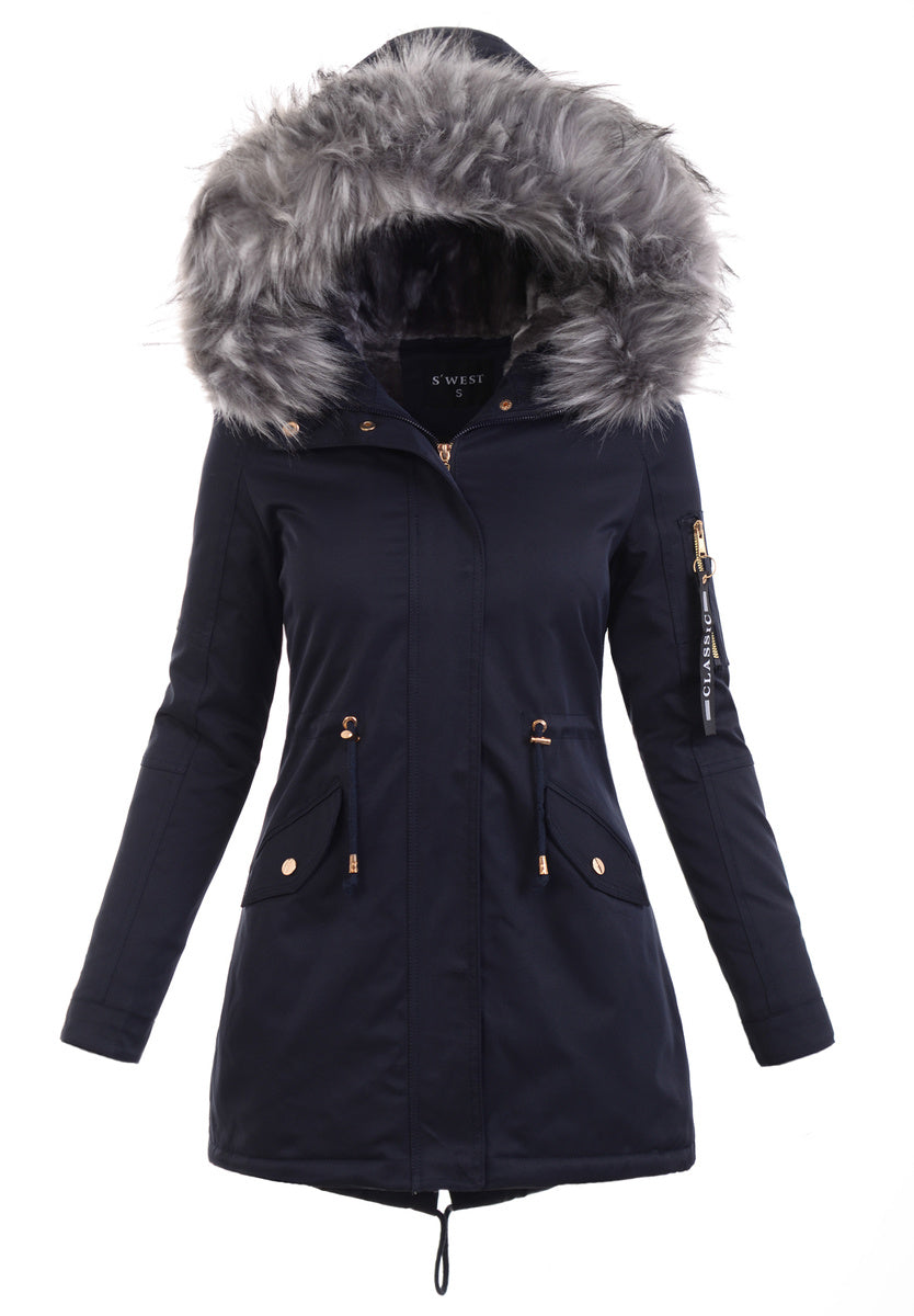 Women's Parka Fleece Lined Puffer Jacket with Fur Collar Hood Drawstring