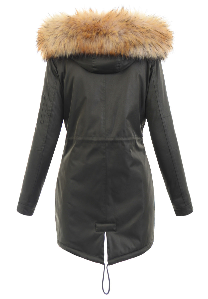 Women's Parka Fleece Lined Puffer Jacket with Fur Collar Hood Drawstring