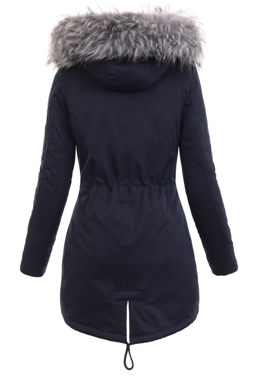 Women's Parka Fleece Lined Puffer Jacket with Fur Collar Hood Drawstring