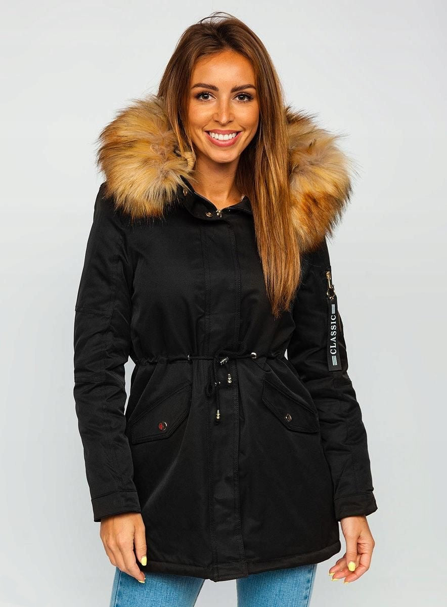 Women's Parka Fleece Lined Puffer Jacket with Fur Collar Hood Drawstring