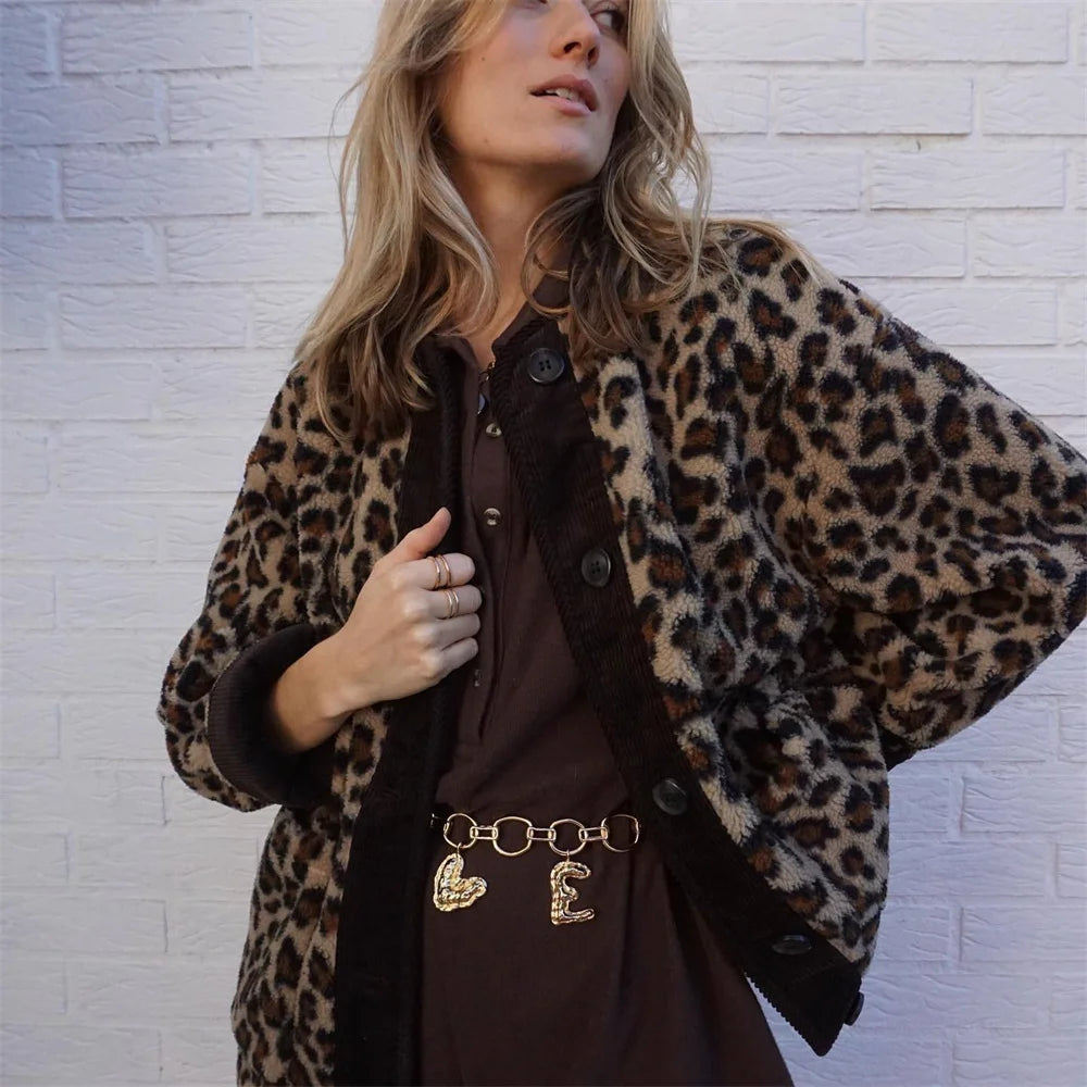 Women's New Fashion Leopard Pattern Lamb Wool Coat