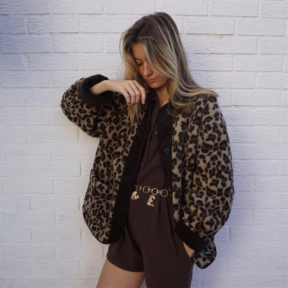 Women's New Fashion Leopard Pattern Lamb Wool Coat