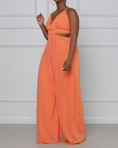 Fashionable Solid Color Sling Wide Loose Jumpsuit