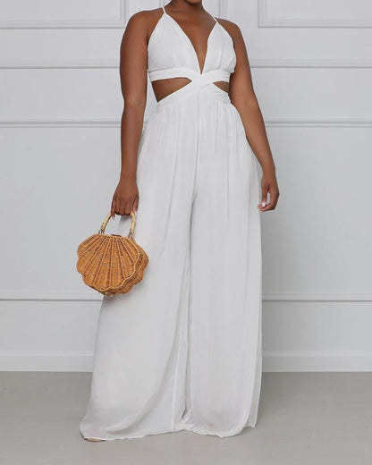 Fashionable Solid Color Sling Wide Loose Jumpsuit