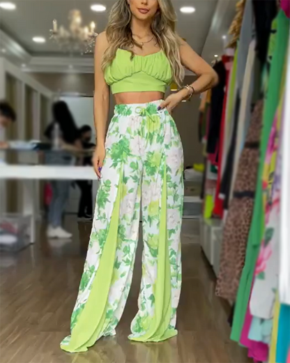 Two-piece set of cropped suspender top & printed wide-leg pants