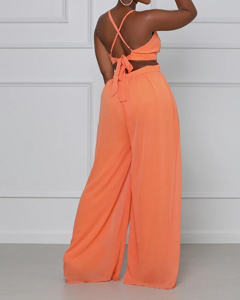 Fashionable Solid Color Sling Wide Loose Jumpsuit