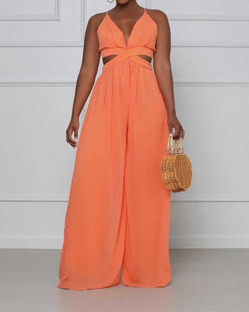 Fashionable Solid Color Sling Wide Loose Jumpsuit