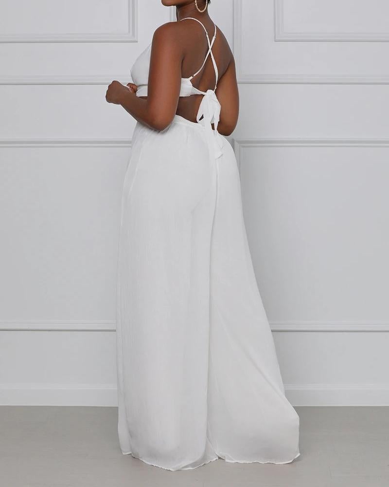 Fashionable Solid Color Sling Wide Loose Jumpsuit