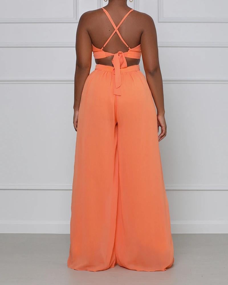 Fashionable Solid Color Sling Wide Loose Jumpsuit