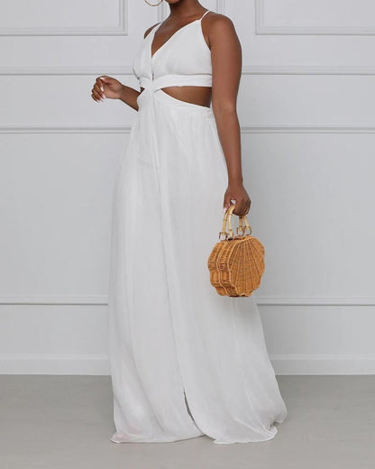 Fashionable Solid Color Sling Wide Loose Jumpsuit