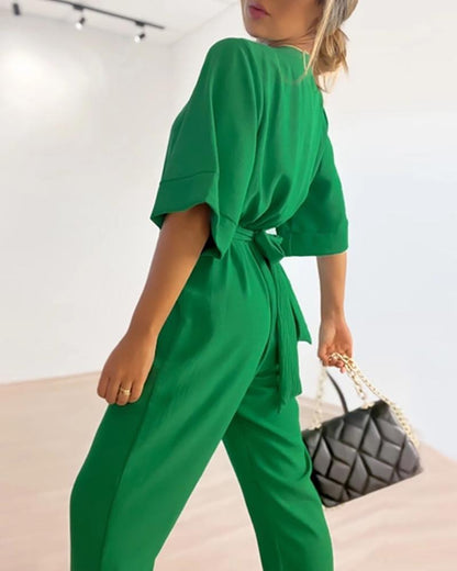 Solid color V-neck short-sleeved straight-leg jumpsuit