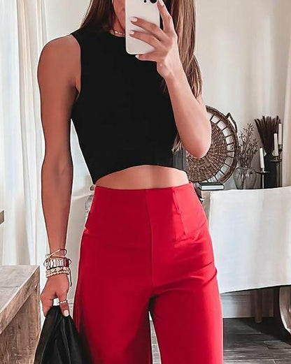 Short Vest & High Waist Wide Leg Pants Set