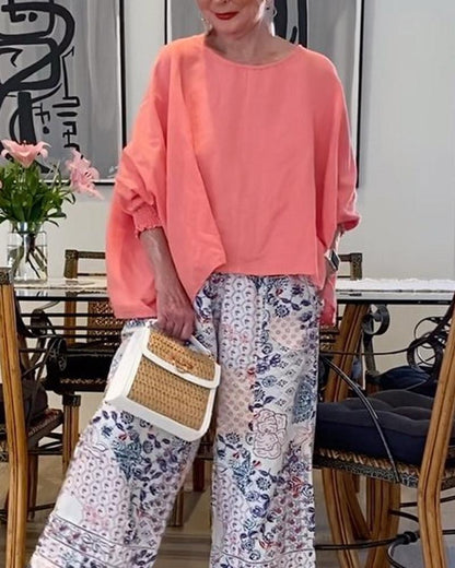 Loose Top Printed Straight Pants Set