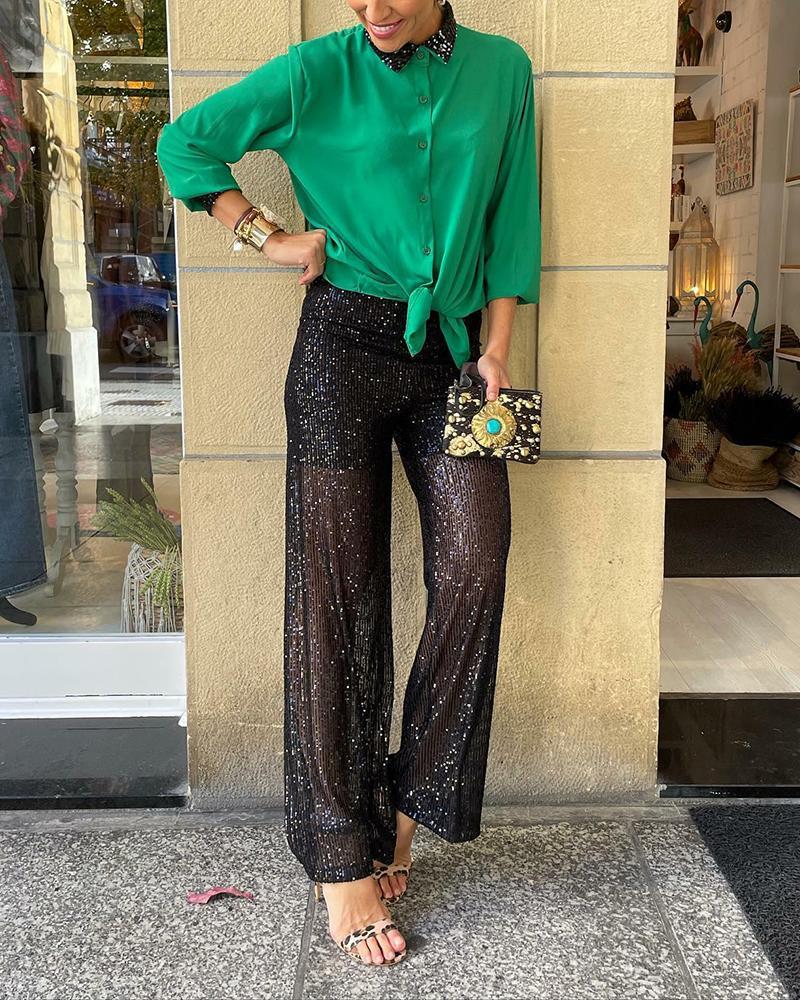 Two-piece set with sequined lapels top & sequined trousers