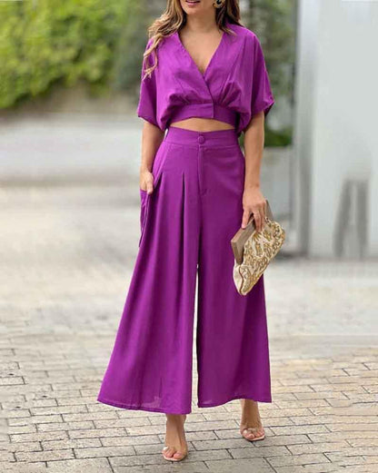 Casual V-neck solid color two-piece suit