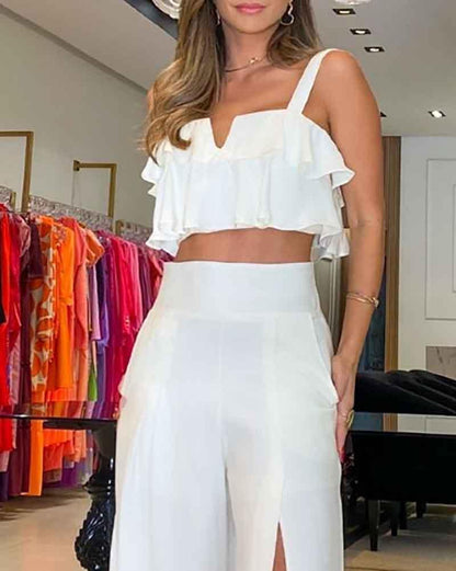 Sleeveless Ruffle Solid Two Piece Set