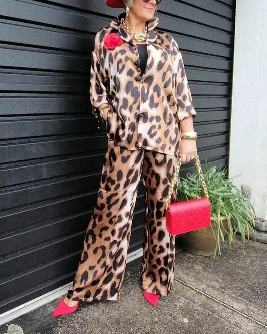 Stylish Leopard Print Two Piece Suit