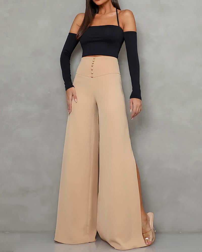 Two-piece set of halterneck off-the-shoulder top & solid wide-leg pants