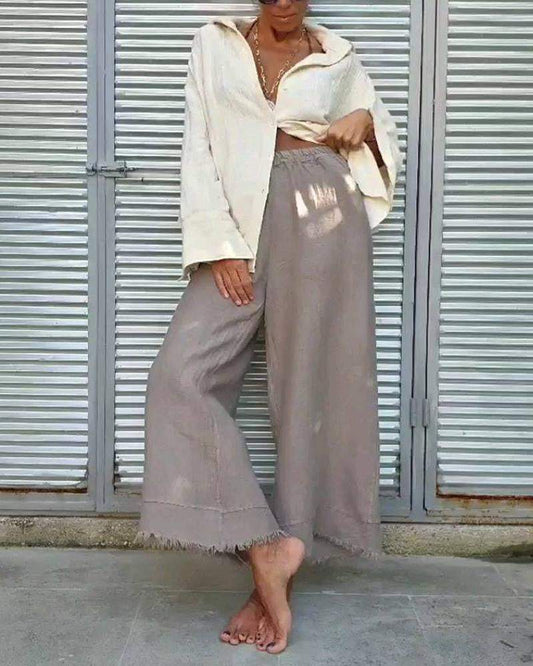 Solid Color Cotton Shirt Nostalgic Style Pants Casual Suit