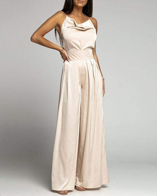 Satin Solid Color High Waist Wide Leg Jumpsuit