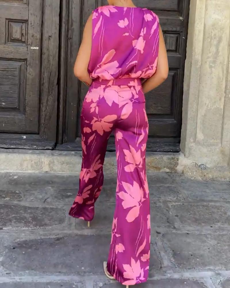 Sleeveless Printed Casual Long Jumpsuit