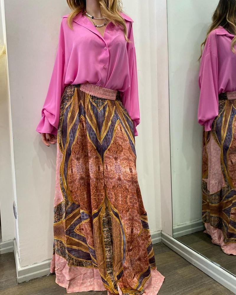 Solid Color Shirt Printed Dress Set