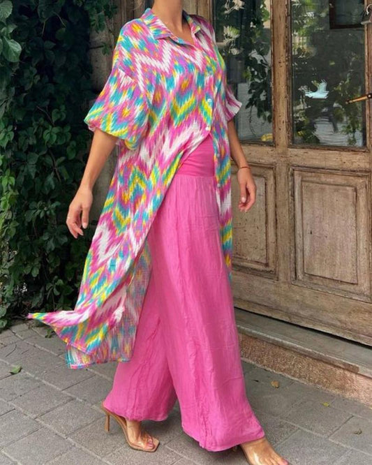 Printed Bubble Sleeve Long Shirt High Waist Wide Leg Pants Set