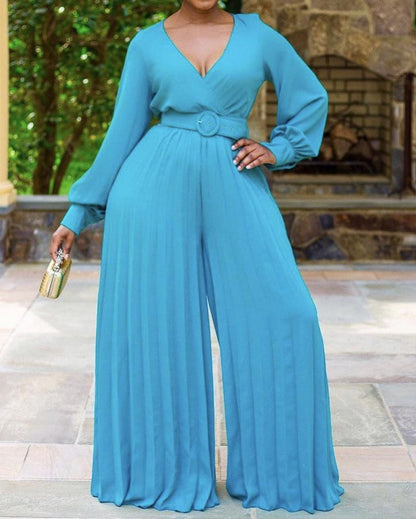 Stylish Solid Color Wide Leg Pleated Jumpsuit