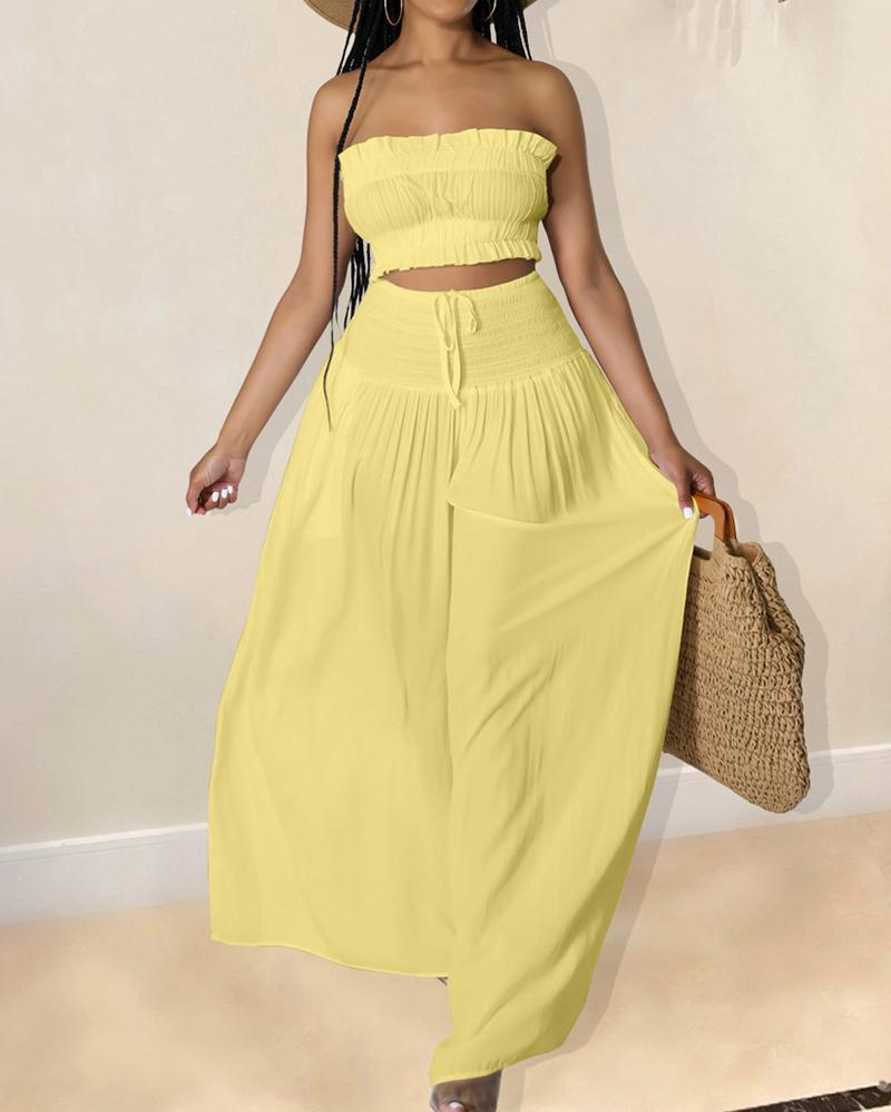 Solid Color Set of Casual Tube Top & Wide Leg Pants