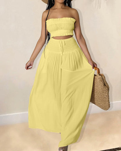 Solid Color Set of Casual Tube Top & Wide Leg Pants