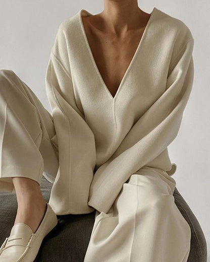 V-Neck Long Sleeve Jacket Straight Pants Set