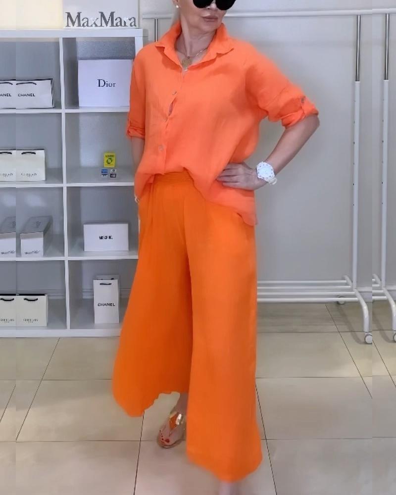 Shirt Wide Leg Pants Solid Color Casual Suit