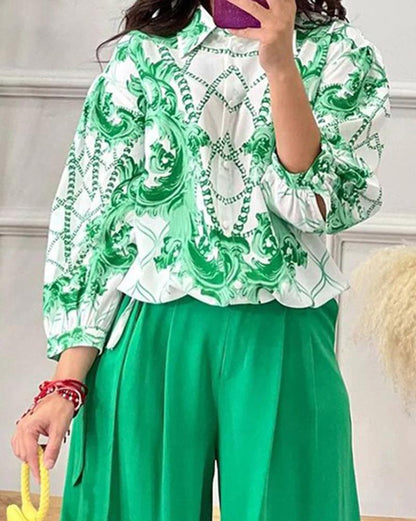 Stylish casual shirt & high-waisted lace-up wide-leg pants set