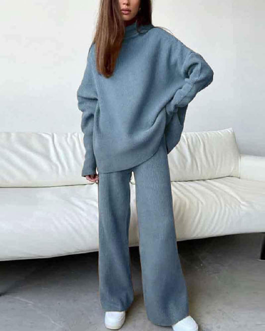 Solid Color Turtleneck Knit Sweater & Pants Two Piece Set