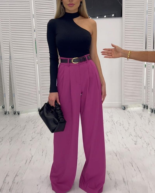 Sexy Hanging Neck One-Shoulder Jacket Pants Set